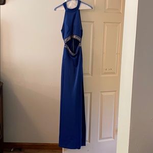deep blue halter prom dress